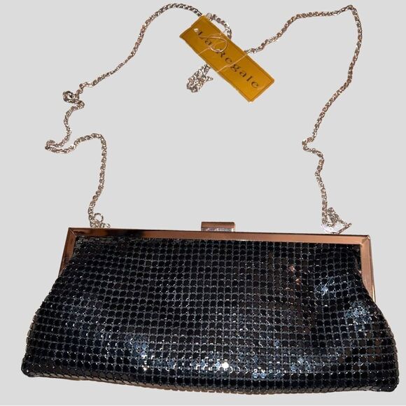 La Regale black metal beaded clutch evening bag with chain - Picture 3 of 6